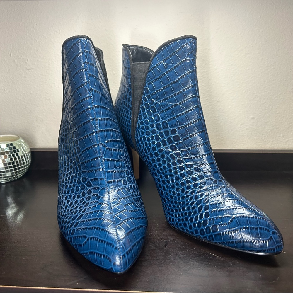 White House Black Market Blue Embossed Ankle Boots